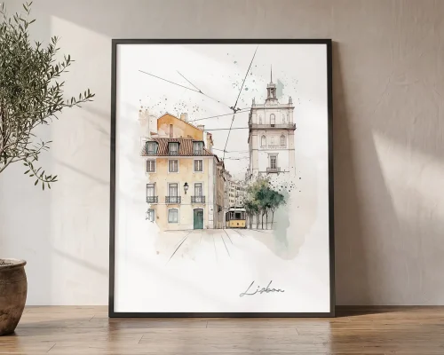 Lisbon Skyline Drawing — Watercolor Wall Art Print | ArtPrintsVicky