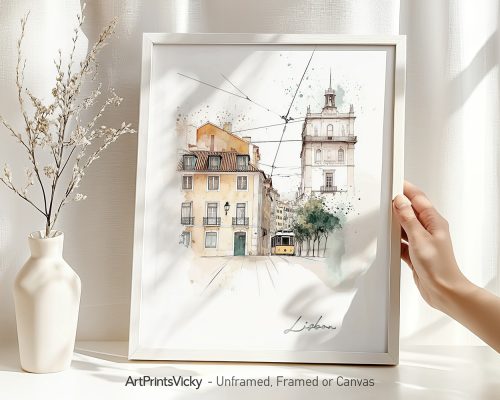 Artistic drawing of a Lisbon street scene featuring buildings and a tram in a framed display.
