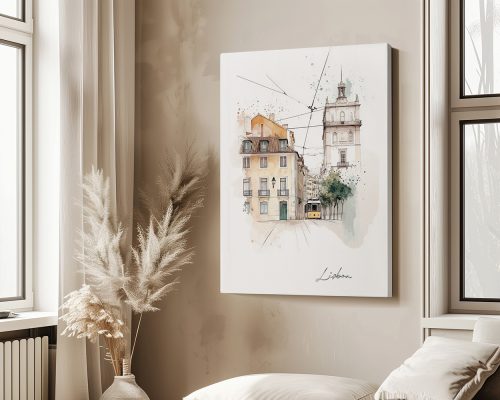 Illustration of a Lisbon street scene featuring buildings and a tram in a soft color palette.