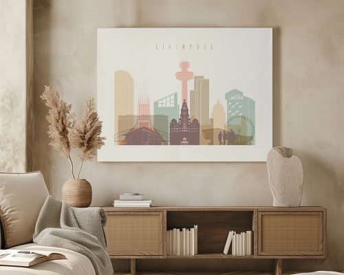 Art print featuring a stylized cityscape of Liverpool with notable landmarks and buildings.
