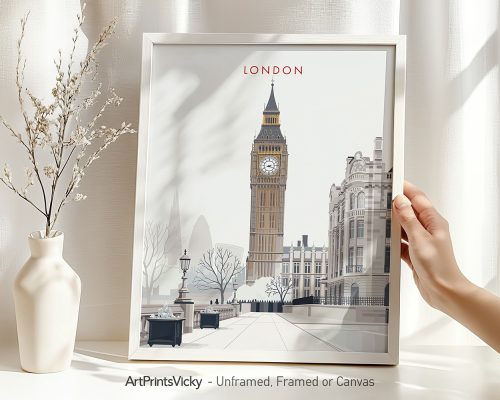 Minimalist artwork featuring a depiction of London's Big Ben and surrounding architecture.