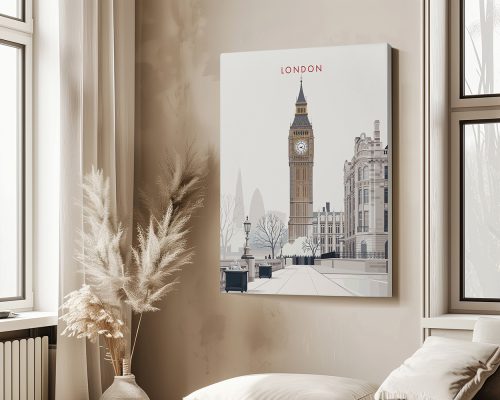 Minimalist artwork depicting Big Ben and surrounding architecture in London.