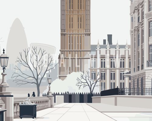 Minimalist illustration of London featuring the Big Ben and nearby buildings in muted colors.