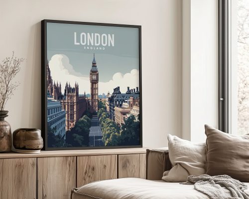Art print of London featuring Big Ben and surrounding architecture in a stylized design.