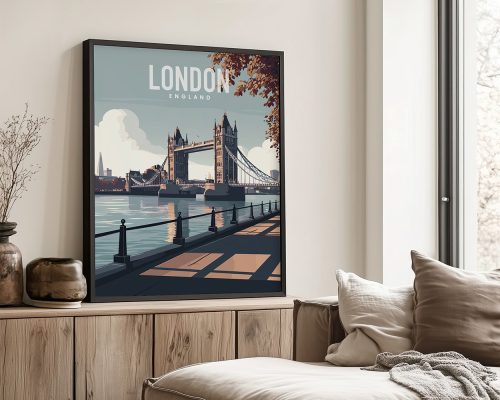 Art print of Tower Bridge in London with the word 'London' and 'England' displayed above.
