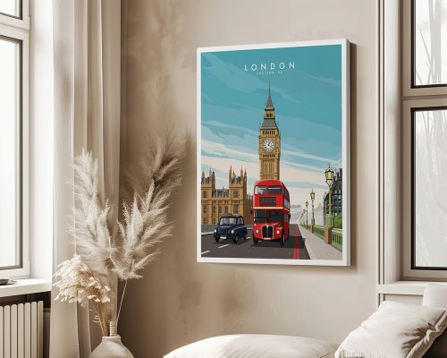 Illustration of a London cityscape featuring Big Ben and a red double-decker bus.