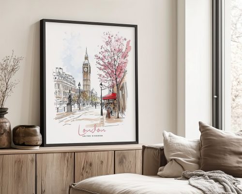 Framed illustration of London featuring Big Ben and cherry blossom trees.