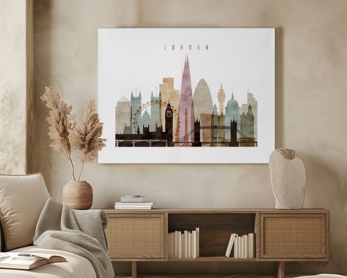 Art print featuring a silhouette of London's skyline with notable landmarks in soft colors.