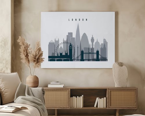 Stylized cityscape print of London featuring iconic landmarks and buildings.