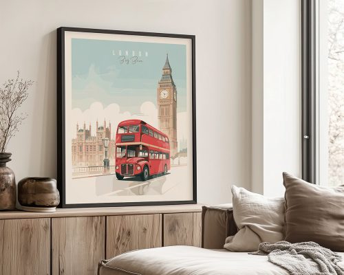 Illustrated print of Big Ben with a red London double-decker bus in front of the Houses of Parliament.