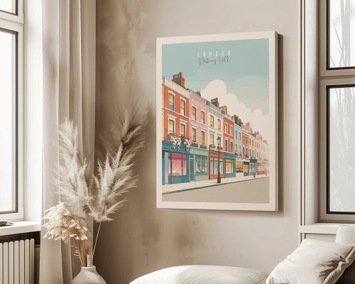 Illustrated Notting Hill street scene with colorful pastel townhouses and storefronts.