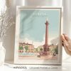 Trafalgar Square London art print with Nelson's Column and fountains in soft pastel colors with white frame