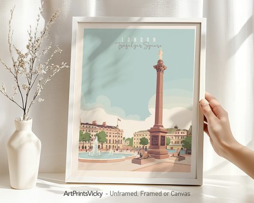 Trafalgar Square London art print with Nelson's Column and fountains in soft pastel colors with white frame
