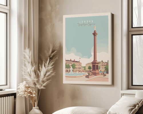 Trafalgar Square London art print with Nelson's Column and fountains in soft pastel colors with white frame