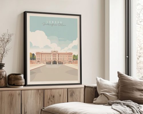 Buckingham Palace London art print in soft pink and teal colors with white frame and minimalist style