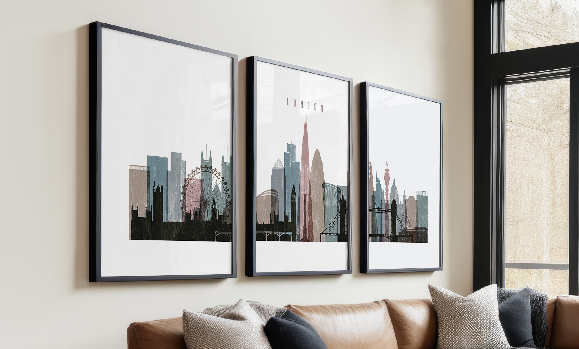 Three framed prints of London cityscape featuring landmarks like the London Eye and The Shard.