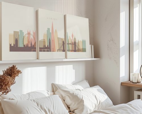 Three framed art prints of London's skyline featuring notable landmarks in pastel colors.