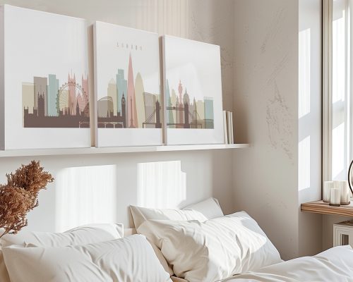 Three framed art prints of London's skyline featuring notable landmarks like the London Eye and Tower Bridge.