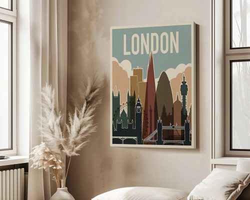 Vintage-style artwork featuring a silhouette cityscape of London with notable landmarks.