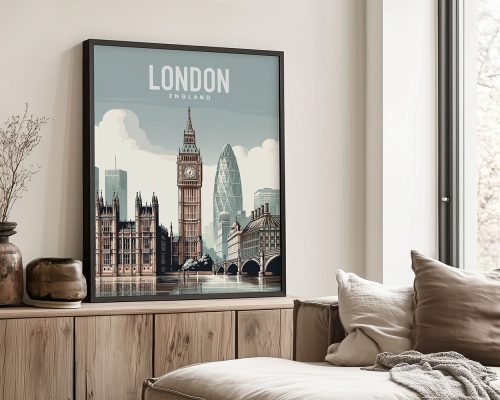 Framed artwork depicting a cityscape of London featuring Big Ben and modern buildings.