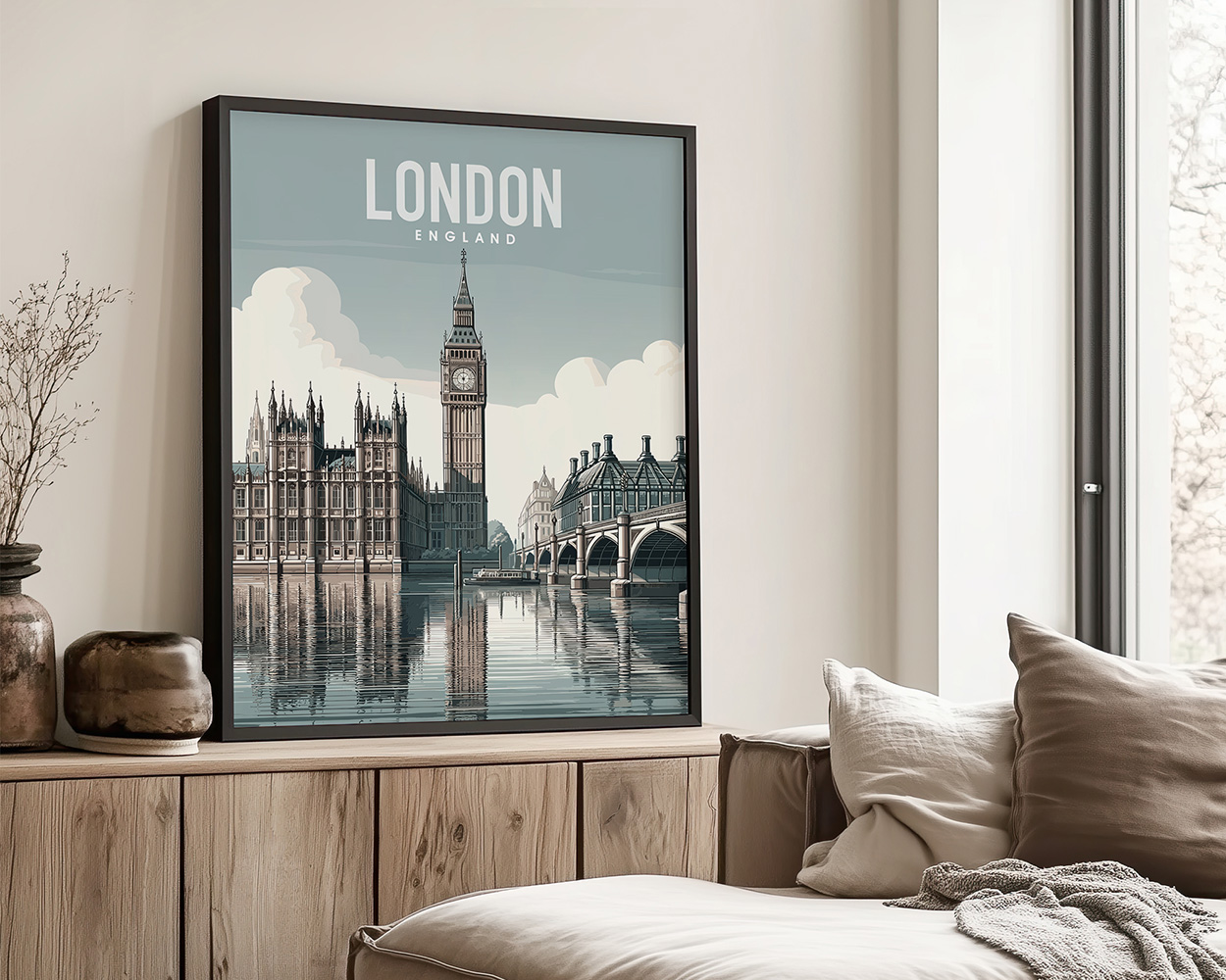 Framed print of London featuring Big Ben and the Houses of Parliament reflected in water.