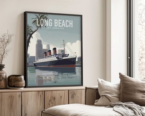 Artistic depiction of a historic ship in Long Beach with city skyline in the background.