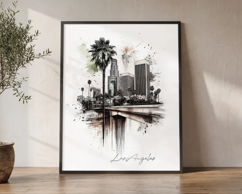 Los Angeles Skyline Drawing — Watercolor Wall Art Print | ArtPrintsVicky