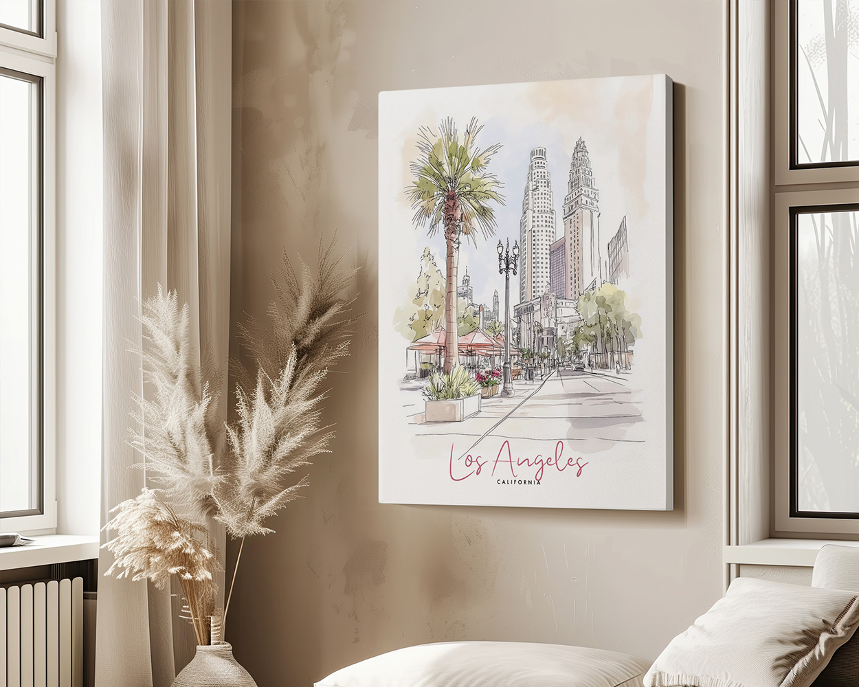 Illustration of Los Angeles featuring palm trees and city buildings with 'Los Angeles California' text.