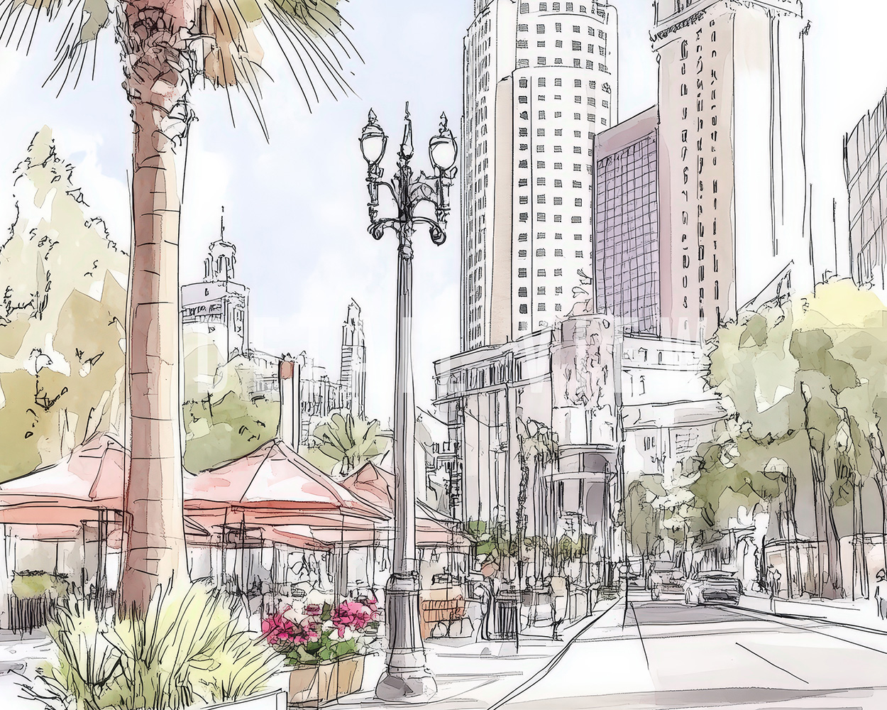 Illustration of a city street in Los Angeles featuring palm trees and outdoor seating.