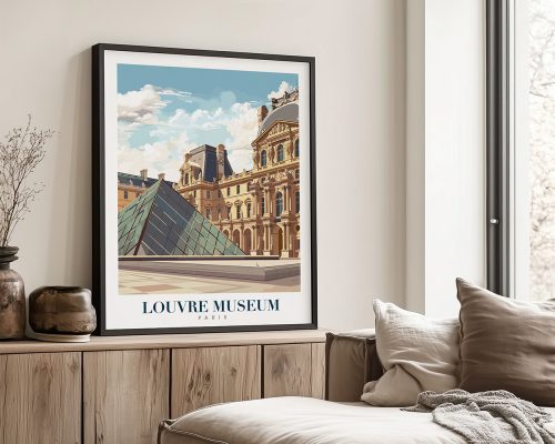 Art print of the Louvre Museum featuring the glass pyramid and historic architecture.