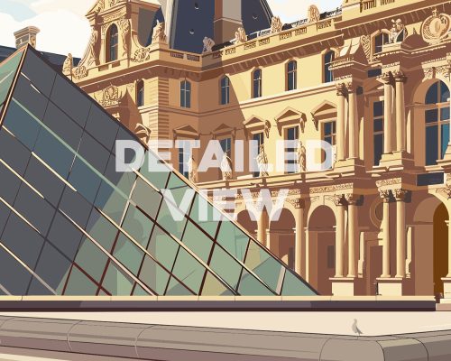 Illustration of the Louvre Museum featuring the glass pyramid in front of the historic building.