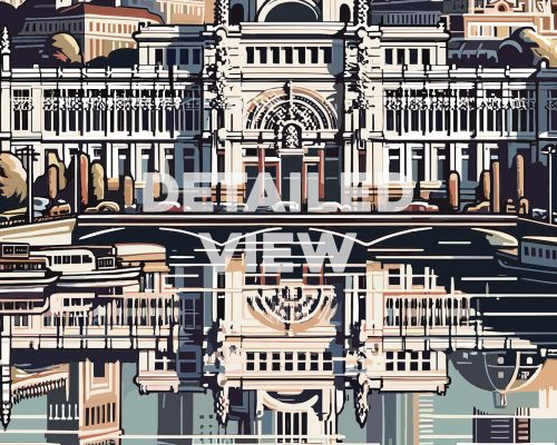 Illustration of the Palacio de Cibeles in Madrid, reflecting in water with stylized design elements.