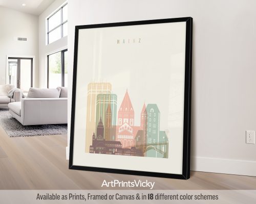 Art print featuring a stylized cityscape of Mainz, Germany with notable buildings and structures.