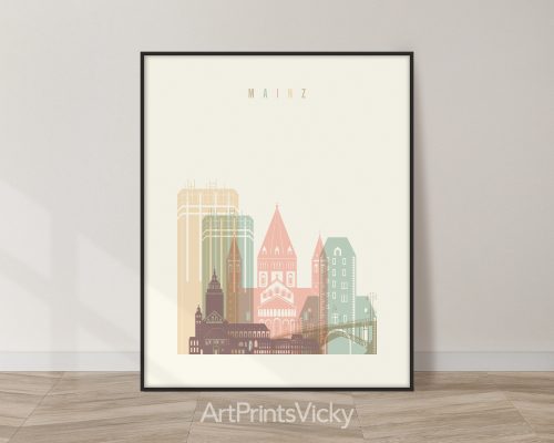 Illustration featuring a stylized cityscape of Mainz with various buildings and structures.