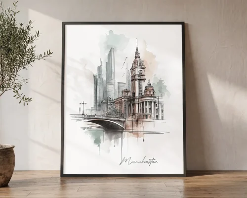 Manchester Skyline Drawing — Watercolor Wall Art | ArtPrintsVicky