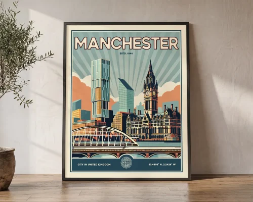 Manchester Travel Poster — Vintage Wall Art Print | ArtPrintsVicky