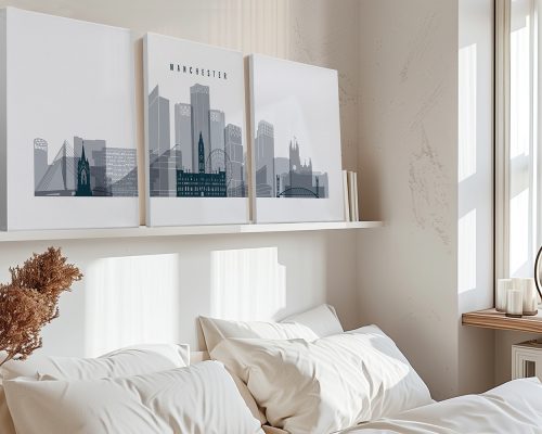 Art print of Manchester city skyline with notable buildings and structures in gray tones.