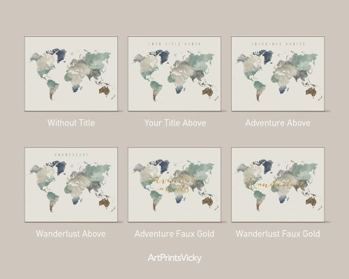 Six variations of world map art prints with different text options and color schemes.