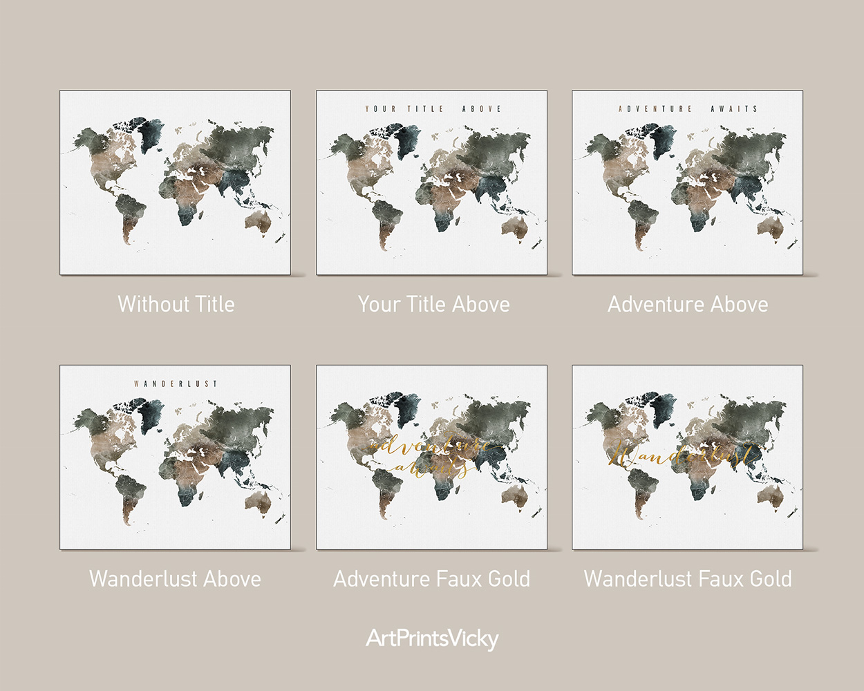 World map featuring various title options in different styles and colors.
