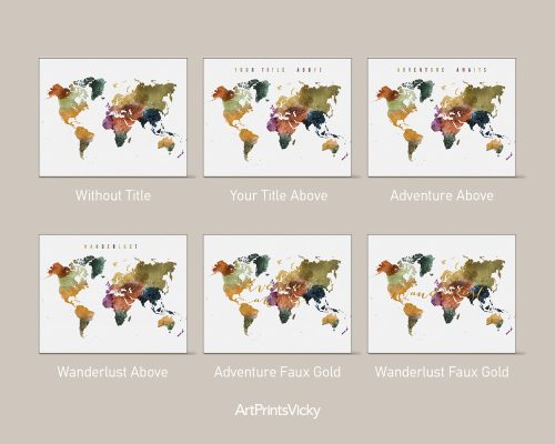 A collection of six world map designs featuring various title options in different styles and colors.