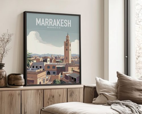 Framed poster of Marrakesh featuring a cityscape with a prominent tower and buildings in a neutral color palette.