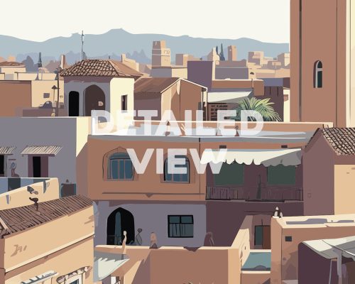 Illustration of Marrakesh cityscape featuring buildings and rooftops with distant mountains.