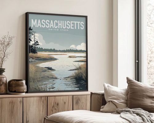 Art print featuring a Massachusetts landscape with a river and trees under a cloudy sky.