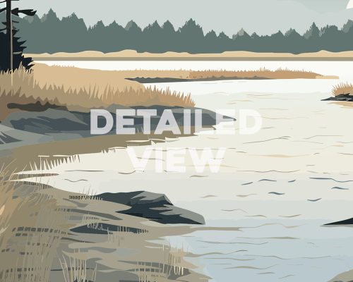 Illustration depicting a riverbank with grass and water in a muted color palette.