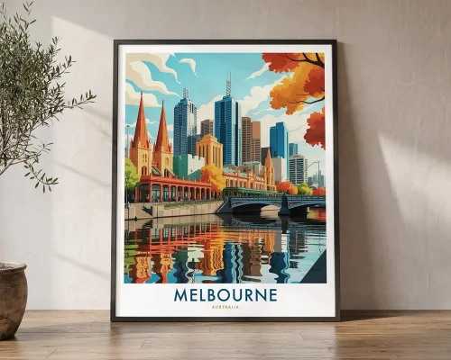 Melbourne Skyline Travel Poster – Art Print | ArtPrintsVicky