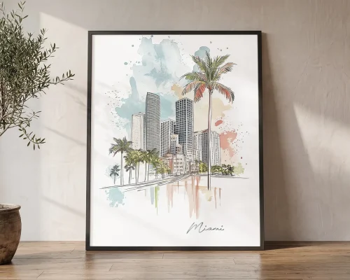 Miami Skyline Drawing — Watercolor Wall Art Print | ArtPrintsVicky