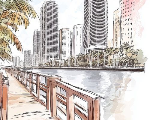 Illustration of Miami's skyline with high-rise buildings and waterfront view.