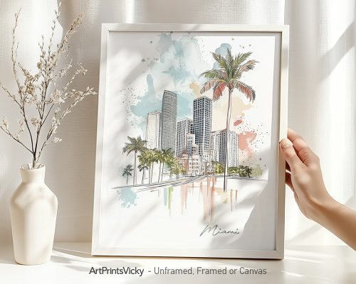Illustration of Miami's skyline featuring palm trees and colorful splashes in a framed artwork.