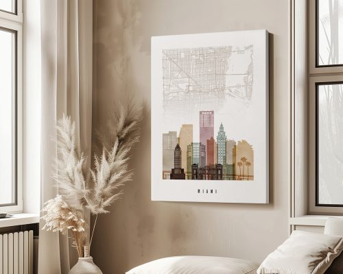Map of Miami featuring a skyline illustration with key streets and landmarks in a detailed design.
