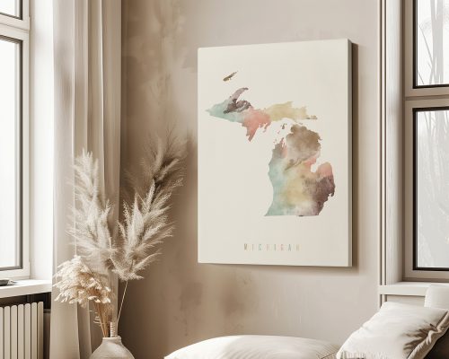 Artistic representation of the state of Michigan with watercolor effects in soft colors.